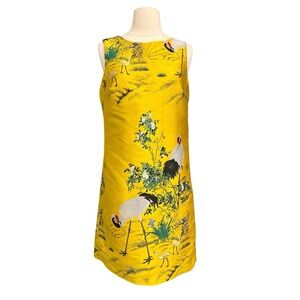 Vintage yellow chinoiserie brocade Asian Bird Jacquard Sleeveless shift dress-6